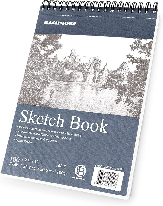 Bachmore Sketchpad 9X12 Inch (68lb/100g), 100 Sheets of TOP Spiral Bound Sketch Book for Artist Pro & Amateurs | Marker Art, Colored Pencil, Charcoal for Sketching