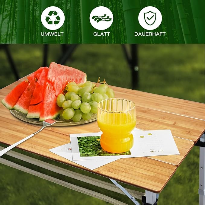 Bamboo Folding Camping Table 4 Folds with Adjustable Aluminum Legs Portable Picnic Table with Storage and Carry Bag for Outdoor Hiking Beach 3-5 Person