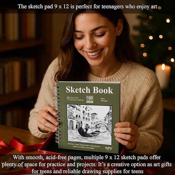 9 x 12 Sketchbook, 68lb/100gsm Sketch Pad 100 Sheets Spiral Bound Acid Free Drawing Paper with Hard Cover Art Paper for Drawing and Painting for Graphite Pencil, Charcoal, Pastels, for Kids & Adults