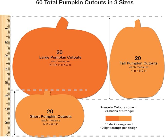 60 Pieces Pumpkin Cutouts for Fall Crafts and Classroom Decor, Orange Paper Shapes in Three Designs for Halloween Projects, Bulletin Boards, Autumn Activities, Double Sided USA Made Cardstock