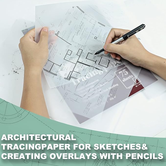 Tracing Paper for Drawing, 9 X 12'' Tracing Paper Pad, 75 Sheets Transparent Vellum Paper for Tracing Pads, 38lb/60gsm Translucent Trace Pad for Pencil Sketching, Image Tracing.