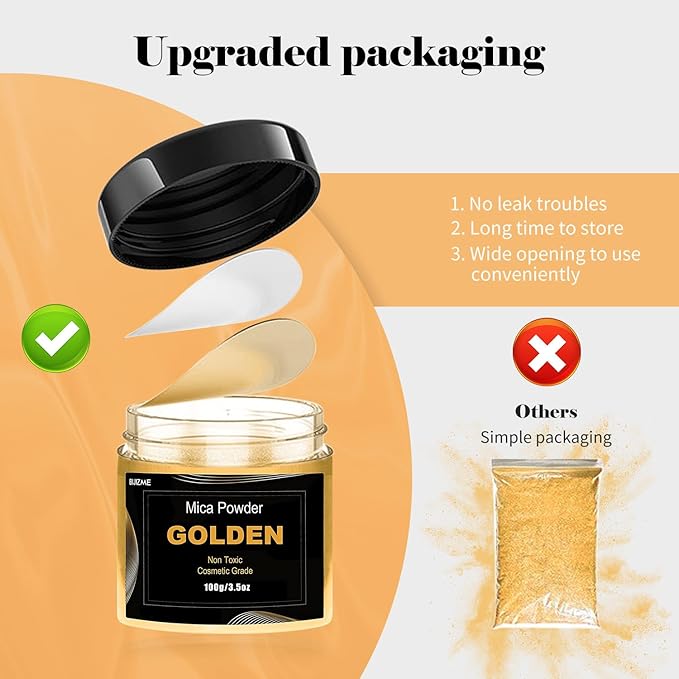 Golden Mica Powder Pigment (100g) -Cosmetic Grade Metallic Mica Powder for Epoxy Resin, Lip Gloss, Soap,Candle Making, Bath Bombs,Tumblers, Jewelry, Dyes, and DIY Crafting Projects(Golden, 3.5oz)