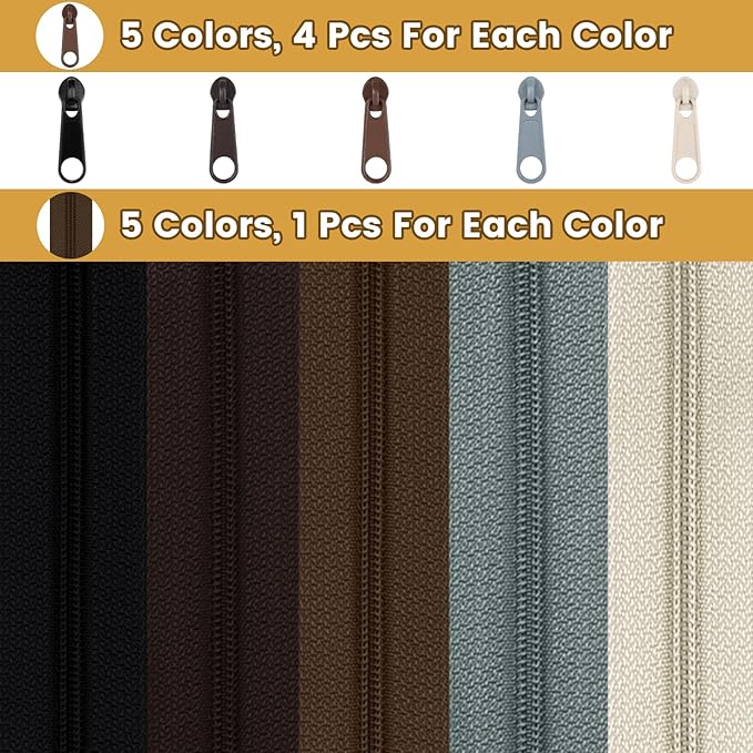 DOITEM 3 mm Nylon Endless Zipper Set with Slider - 14 Meter, 12.5 Yard, 5 Colors