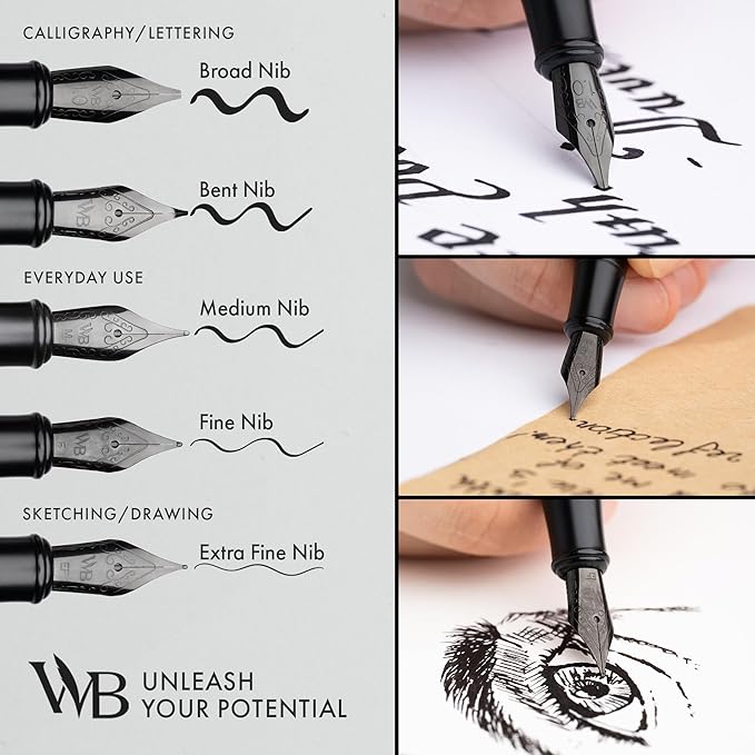 Wordsworth & Black Fountain Pen Set, Extra Fine Nib, Includes 24 Pack Ink Cartridges, Ink Refill Converter & Gift Box, Calligraphy, [All Black], Perfect for Men & Women