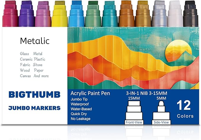 Jumbo Graffiti Poster Markers Set: 12 Metallic Colors Large 15mm Wide Tip Permanent Ink Thick Acrylic Paint Pens for Rock Painting, Stone, Glass, Wood, Ceramic, Metal, Plastic, Fabric