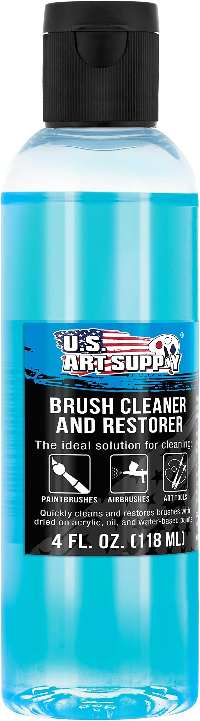 U.S. Art Supply Brush Cleaner and Restorer, 4 Ounce Bottle - Quickly Cleans Paint Brushes, Airbrushes, Art Tools - Cleaning Solution to Remove Dried On Acrylic, Oil and Water-Based Paint Colors