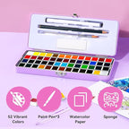 MeiLiang Watercolor Paint Set 52 Colors in Half Pans with Drawing Pencil, Paint Brushes, 5 Watercolor Paper, Sponge, Black Drawing Pens, Art Supplies for Adults Travel Watercolor & Purple Box