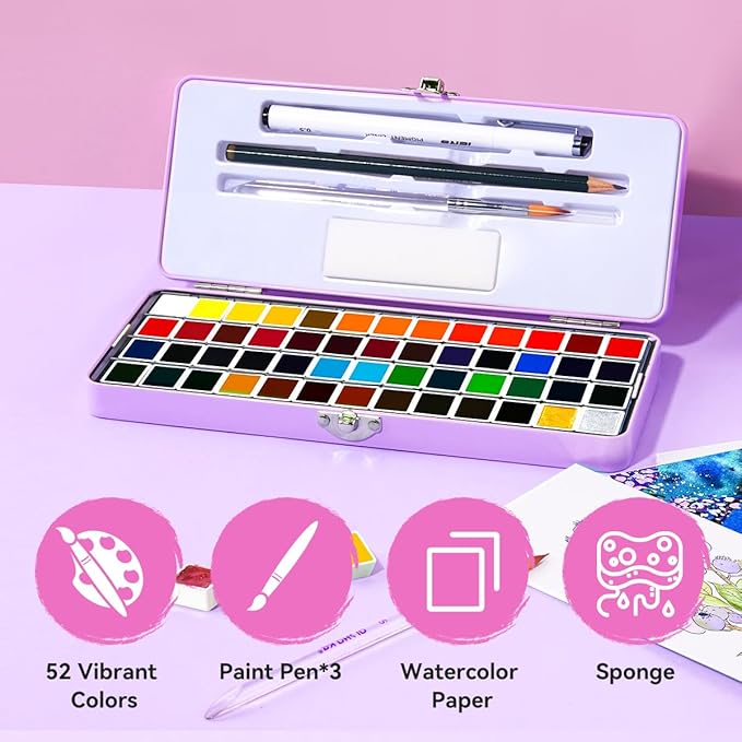 MeiLiang Watercolor Paint Set 52 Colors in Half Pans with Drawing Pencil, Paint Brushes, 5 Watercolor Paper, Sponge, Black Drawing Pens, Art Supplies for Adults Travel Watercolor & Purple Box