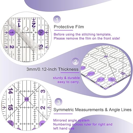 Quilting Ruler, Sewing Ruler, 8 Pack, Acrylic Quilting Templates(6"x17", 3"x17", 2"x16", 1.5"x12", 1"x12", 1"x6", 8"x3"), Non Slip Rings 25 Pieces, Sewing and Quilting Supplies - Clear/Purple