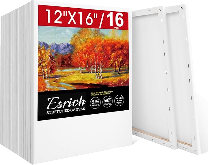 ESRICH Stretched Canvas for Painting 12x16 Inch, 16 Pack Blank Canvas -5/8 in Profile Primed Cotton White Canvases for Painting for Oil & Acrylic Paint