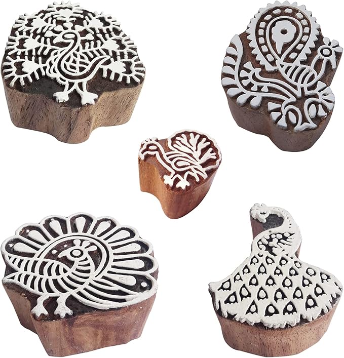 Royal Kraft Peacock Wooden Printing Stamps (Set of 5) - DIY Henna Fabric Textile Paper Clay Pottery Blocks Htag2215