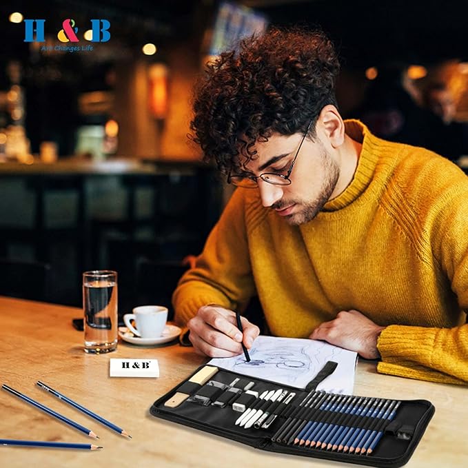 H & B 33 Pieces Drawing Pencils Set, Sketching Pencils Set & Drawing Kit, Includes Sketch Pad, Graphite Pencils, Charcoal Sticks and Eraser, Supplies for Artists/Beginner/Adults