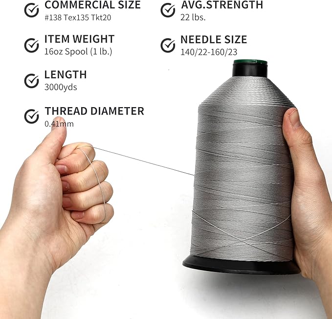 Extra Strong Bonded Nylon Thread #138 Tex135 – 16 OZ, 3000yds, Versatile Stitching Solution for Leather, Upholstery, Canvas Repair and More (Light Gray)