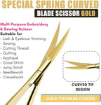 Cross Edge Curved Spring Scissors 5 Inch Stainless Steel Precision Eyebrow & Eyelash Shaping & Trimming Scissor, Snips Squeeze, Embroidery, Knitting Micro Tip Craft Scissors (Gold)