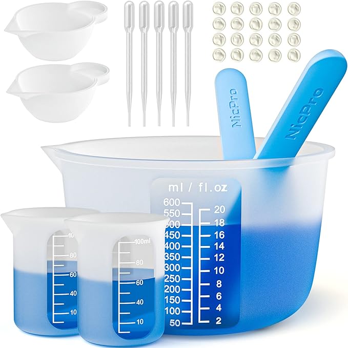 Large Silicone Resin Measuring Cups Tool Kit - Nicpro Reusable 600ml & 100ml Measure Cup, Silicone Stir Sticks Pipettes Finger Cots for Epoxy Resin Mixing, Molds, Jewelry Making, Waxing, Easy Clean
