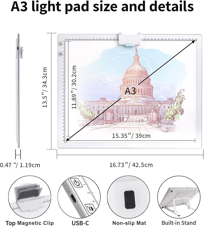 Rechargeable A3 Diamond Art Light Board,Light Pad with Stand and Clip,3 Colors Stepless Dimmable and 6 Levels of Brightness Light Box for tracing,Diamond Painting,Drawing,Sketching(White)