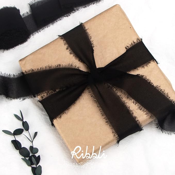 Ribbli Black Chiffon Ribbon 1-1/2 inch x 20 Yard Handmade Fringe Chiffon Silk Ribbon,Black Ribbon for Wedding Invitations, Bridal Bouquets Wrapping, Flower Arrangement Decoration