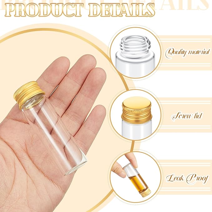 100 Pcs Small Clear Vials Spice Mini Jars with Lids Mini Glass Bottles with Screw Aluminum Metal Caps Tiny Jars Sample Containers for Powder Cream Cosmetic Jewelry Wedding (15 ml,Gold Caps)