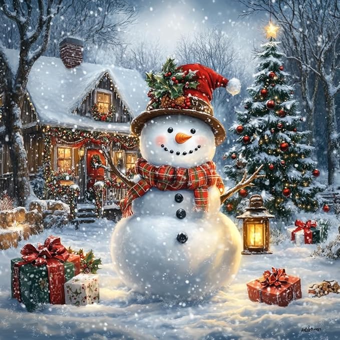 Moohue 14ct Counted Cross Stitch Kits for Adults Winter Snowman House Trees Printed Stamped Cross Stitch Patterns Kits Cross Stitch Supplies (Winter Snowman House Trees)