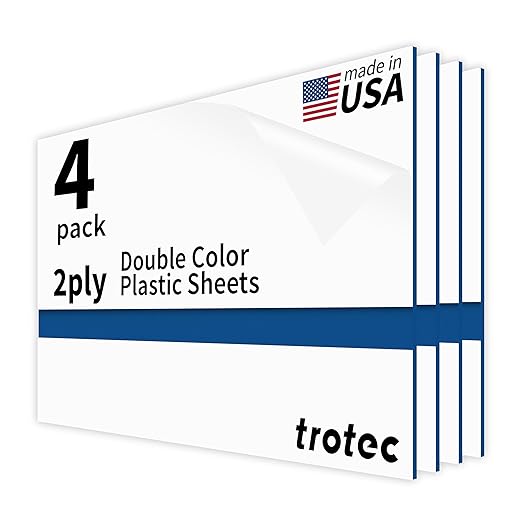 Trotec TroLase | 12"x20"x1/16", 4 Pcs | White/Blue | 2 Ply | Modified Acrylic | Laser Engraving Double Color Plastic Sheet | Engraving Blanks for Laser, Saw, Guillotine | Made in USA