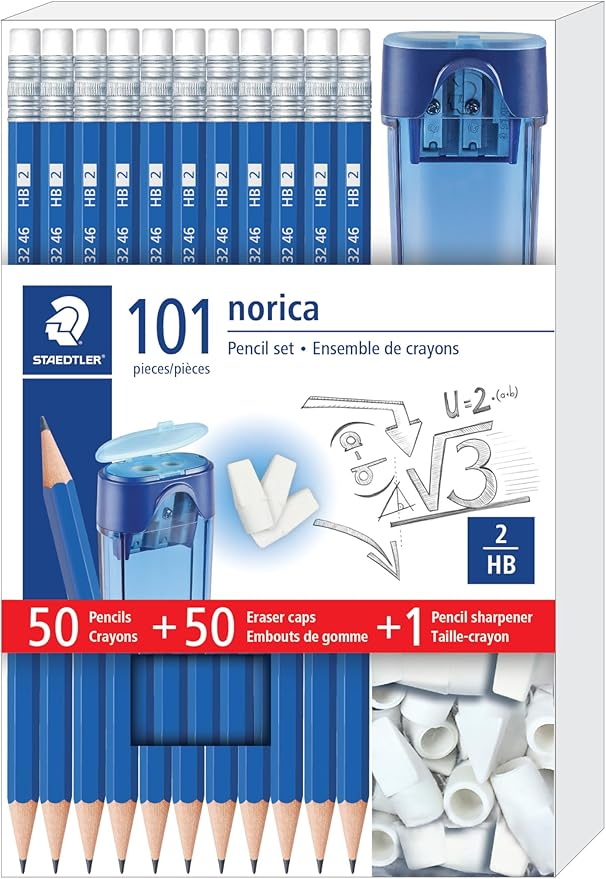 STAEDTLER Norica Pencil Set: 50 Pre-sharpened #2 HB Pencils with 50 Eraser Caps & Double-Hole Sharpener, Break-Resistant Lead, School Pack