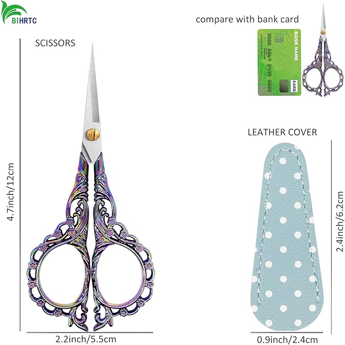 BIHRTC 4.5Inch Sewing Embroidery Scissors with Leather Cover Stainless Steel Sharp Tip Crafts DIY Tools Thread Snips Crochet Scissors for Embroidery Needlework Artwork Housework