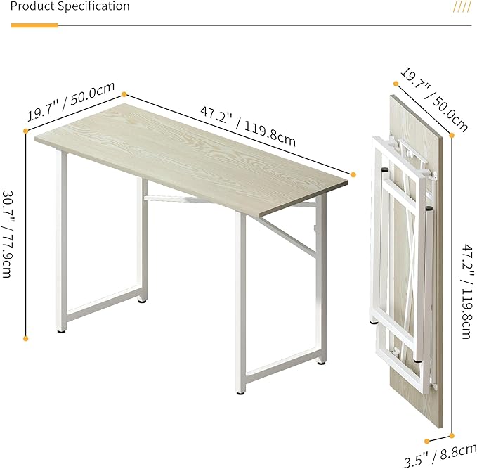 47 inch Folding Desk, Writing Gaming Computer Camping Table, No Assembly Required Home Office Desk, Natural and White
