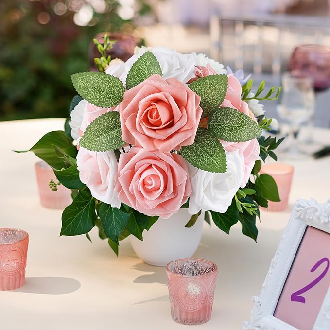 AmyHomie 25pcs Real Looking Artificial Shades of Blush Roses w/Stem for DIY Wedding Bouquets Centerpieces Arrangements Party Baby Shower Home Decorations