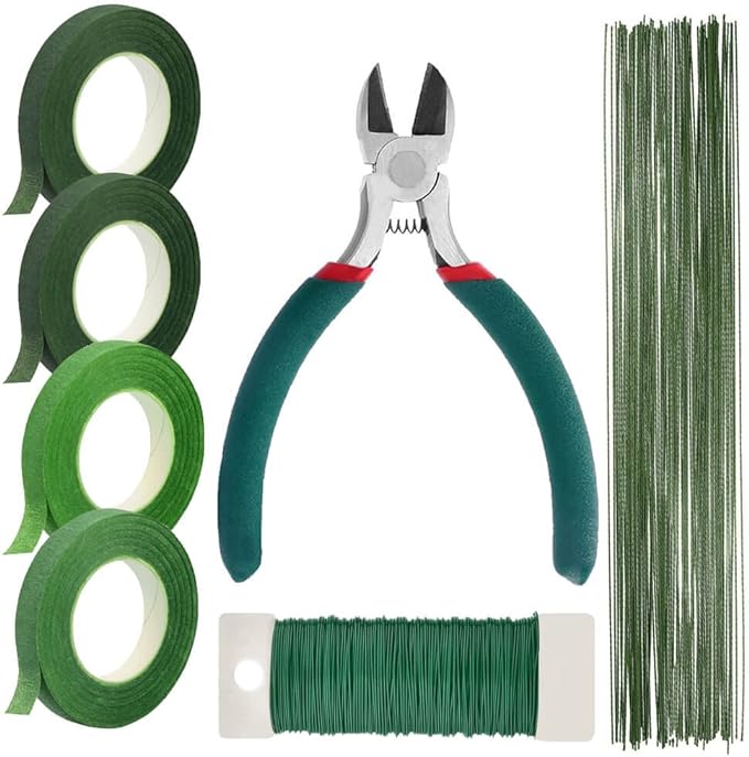 Paxcoo Floral Tape and Floral Wire Arrangement Tools Kit with Wire Cutter 26 Gauge Stem Wire and 22 Gauge Paddle Wire for Bouquet Stem Wrap Florist