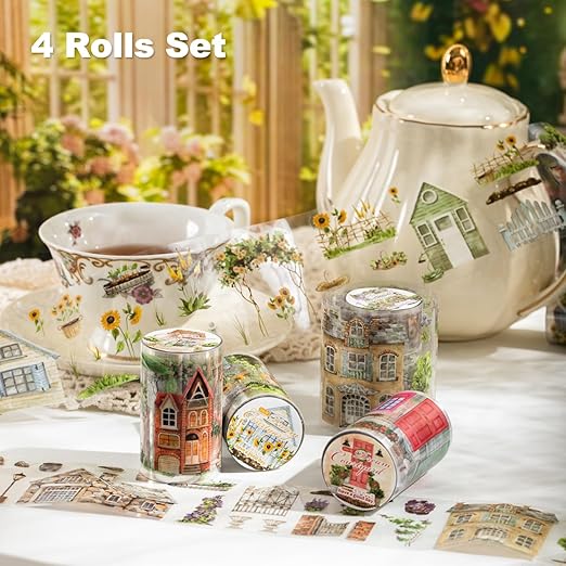 Dream Courtyard PET Tape Set, 4 Rolls of Scenic Ephemera for Junk Journaling, Scrapbooking, Crafting, DIY Projects, Diaries, and Art Supplies