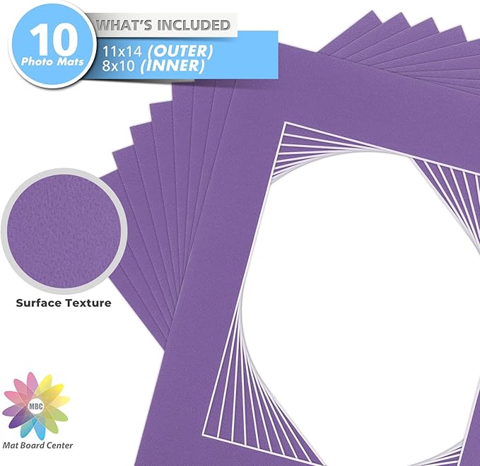 Mat Board Center, Pack of 10, 11x14 for 8x10 Purple Color Mats - Bevel Cut, Acid Free, 4-ply Thickness, White Core - for Pictures, Photos, Framing