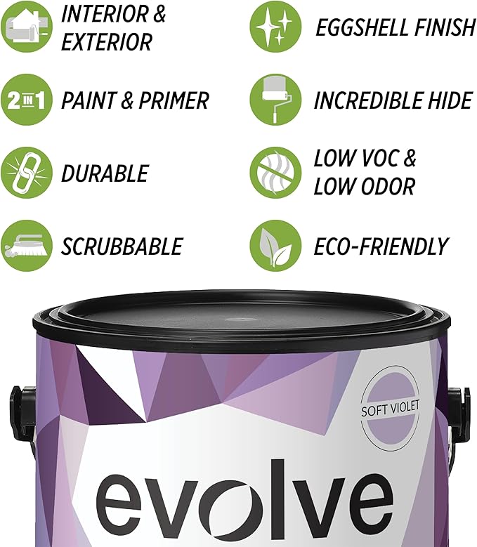 EVOLVE Paint & Primer: Environment-friendly, Low Sheen with One-coat Coverage for Interior & Exterior surfaces (Soft Violet, 1-Gallon)