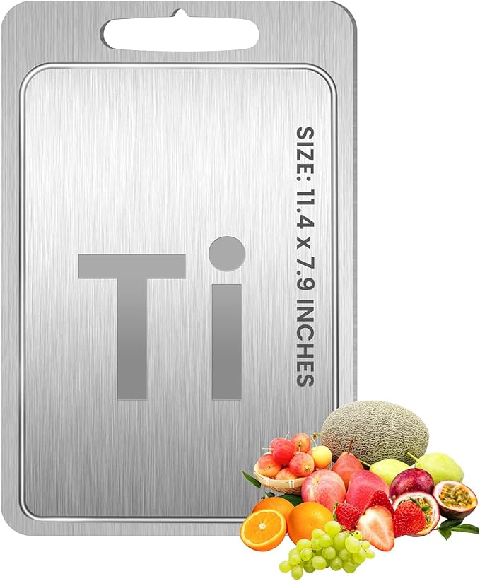 Titanium Cutting Board with Juice Groove-Pure Titanium Cutting Boards For Kitchen，Double-Sided Metal Chopping Board Titanware Cutting Mat for Cutting Meats, Fruits & Vegetables (11.4"L x 7.9"W)