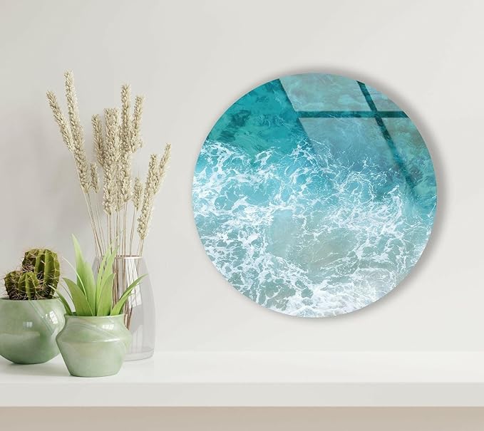 My Photostation.com 20''(50cm) Diameter Sea Waves Round Glass Wall Art Tempered Glass Printing Wall Decor Large Wall Art Wall Hangings