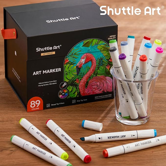 Shuttle Art 89 Colors Alcohol Markers, 88 Colors Dual Tip Art Marker Set Plus 1 Colorless Blender with Marker Case Perfect for Illustration Students Adult Coloring Sketching