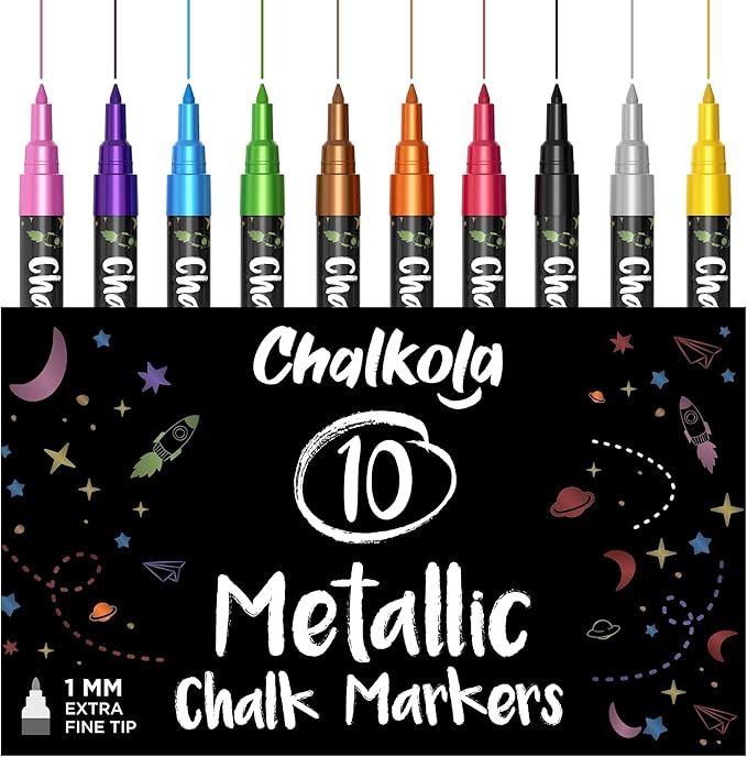 Chalkola Extra Fine Tip Metallic Chalk Markers (10 Pack, 1mm Point) - Liquid Chalk Pens for Chalkboard, Blackboard, Bistro Menu, Car Windows, Glass, Acrylic Board - Thin Erasable Wet Erase Paint Ink