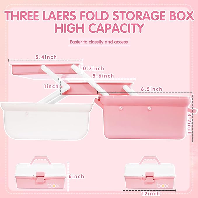 12in Three-Layer Multipurpose Storage Box Organizer Folding Tool Box/Art & Crafts Case/Sewing Supplies Organizer/Medicine Box/Family First Aid Box with 2 Trays (White Pink)