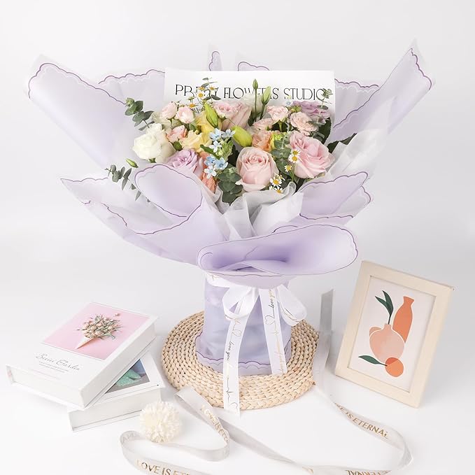 FUHITIM 20 Sheets Flower Wrapping Paper - Waterproof Floral Bouquet Wrapping Paper, Florist Supplies Packaging Paper for Wedding Birthday Gift DIY Crafts (Lavender Purple)