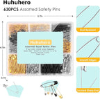 630 Pack Safety Pins Assorted, 5 Different Sizes Small and Large Safety Pin for Clothes Pins Sewing, Nickel Plated Steel, Arts and Crafts Supplies (3 Colors)