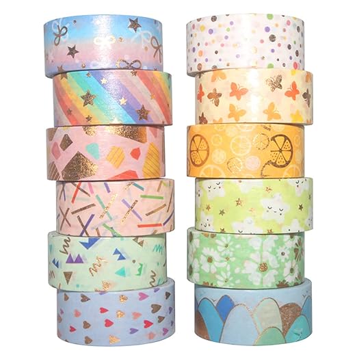 Candy Color Washi Tape Set 12 Rolls Bronzing Decorative Holiday Arts and Craft Washi Masking Tapes for Scrapbooking,Bullet Journal, Planner,Gift Wrapping, Stationery