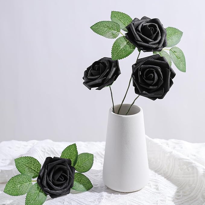 AmyHomie Artificial Flowers Black Rose 25pcs Real Looking Fake Roses w/Stem for DIY Wedding Bouquets Centerpieces Arrangements Party Baby Shower Home Decorations