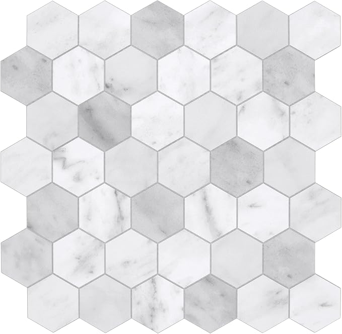The Tiles Plaza 10-Sheet Peel and Stick Backsplash, Carrara White Hexagon Stone Composite Marble Looks Self Adhesive Wall Tile, Stick On Tiles for Kitchen Bathroom Shower, Cover 9 Sq Ft.