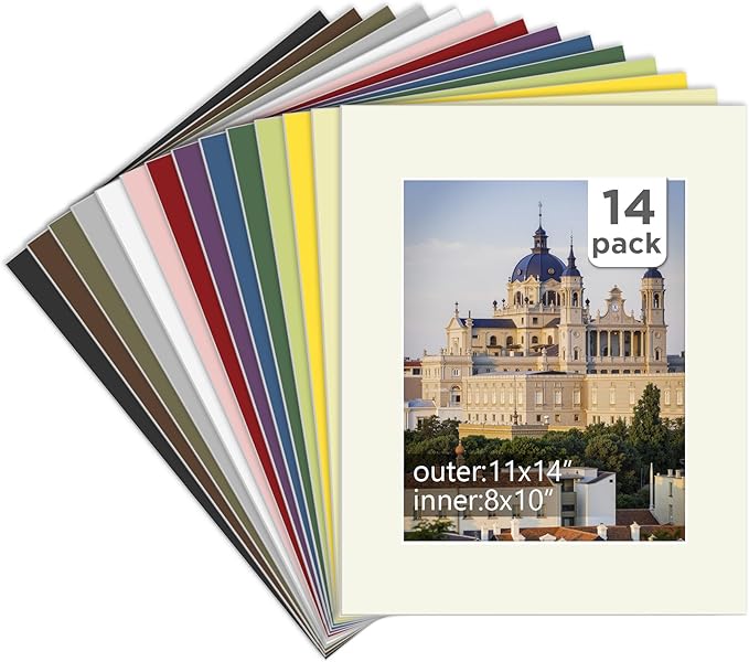 Egofine 14 Packs Picture Frame Mats, 11x14 Picture Mats for 8x10 Photos, Acid-Free Mixed Colors Pre-Cut Photo Board for Photos, Prints, Artworks