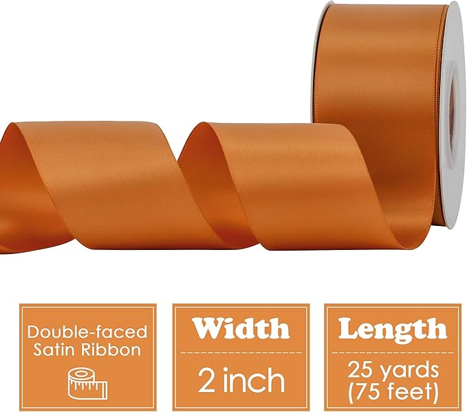 HUIHUANG Burnt Orange Ribbon 2 inch Wide Double-Faced Orange Satin Silk Ribbon for Flower Bouquet Wrap, Gift Wrapping, Fall Wedding Decor, Crafts and Bows Making- 25 Yards/Roll