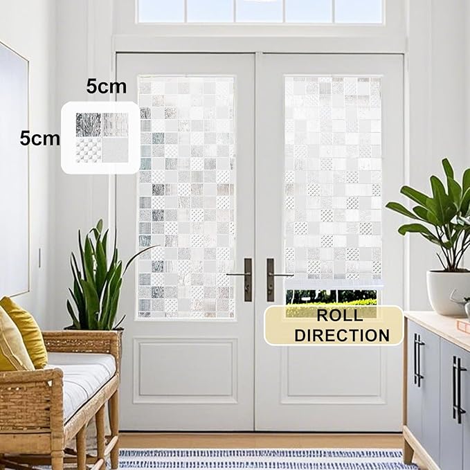 Window Privacy Film Decorative for Front Door, Bathroom Static Cling Stained Glass Sticker Opaque Heat Control UV Blocking Non-Adhesive for Home Windows,Cube
