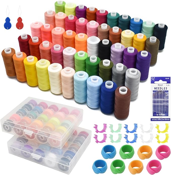SHRJ 130pcs Sewing Thread kit, 50 Colors Sewing Machine Threads Prewound Bobbins with Bobbin Thread Buddies Storage Needles Assortment, 400 Yards per Spools Polyester Thread