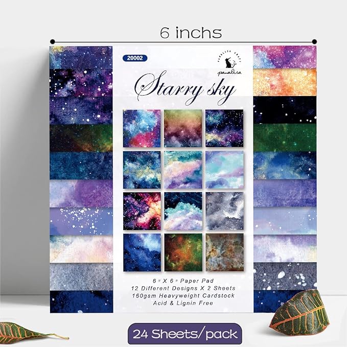 YASMEN Scrapbook Paper Pad, 24 Sheets Celestial Themed Mixture Colored Paper, 6"×6” Space Galaxy Cardstock Pads for Card Making,Designer Junk Journal, Planners, Background Borders Greeting Cards
