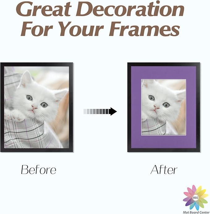 Mat Board Center, Pack of 10, 11x14 for 8x10 Purple Color Mats - Bevel Cut, Acid Free, 4-ply Thickness, White Core - for Pictures, Photos, Framing