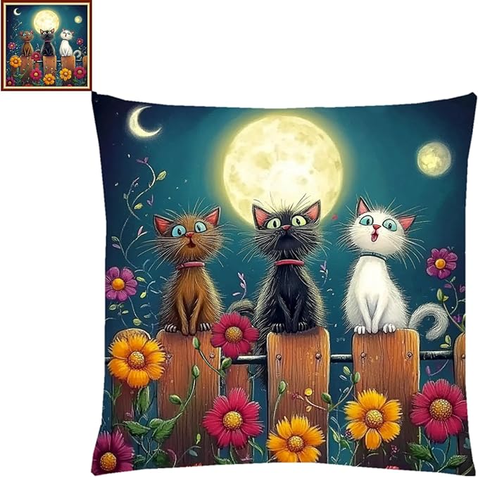 Fanxvivy Stamped Cross Stitch Kits for Adults Beginners Pillow Needlepoint Kit with Embroidery Pattern Needlework Kit Prestamped Stitches Kit 11CT Cross Stitching-Three Cats Admiring Moon 18x18 inch