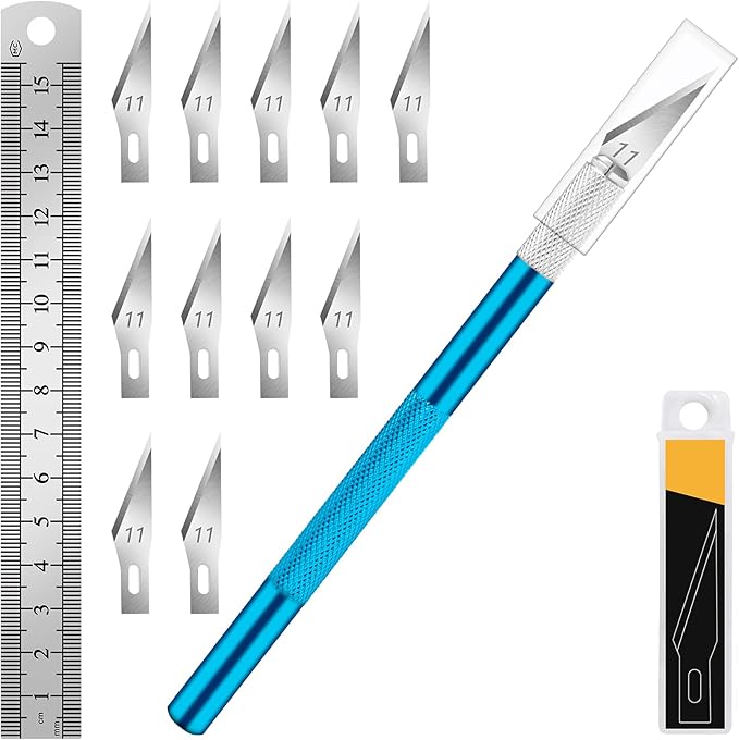 DIYSELF 1 Pcs Craft Knife Hobby Knife with 11 Pcs Stainless Steel Blades Kit, 1pcs Steel 15MM Ruler for Art, Scrapbooking, Stencil(Blue)